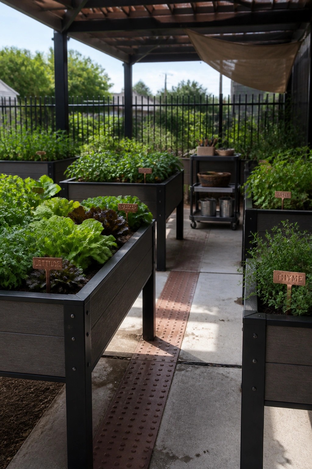 Multiple dark wooden raised garden beds line a concrete walkway, each filled with leafy vegetables and marked with metal plant labels.