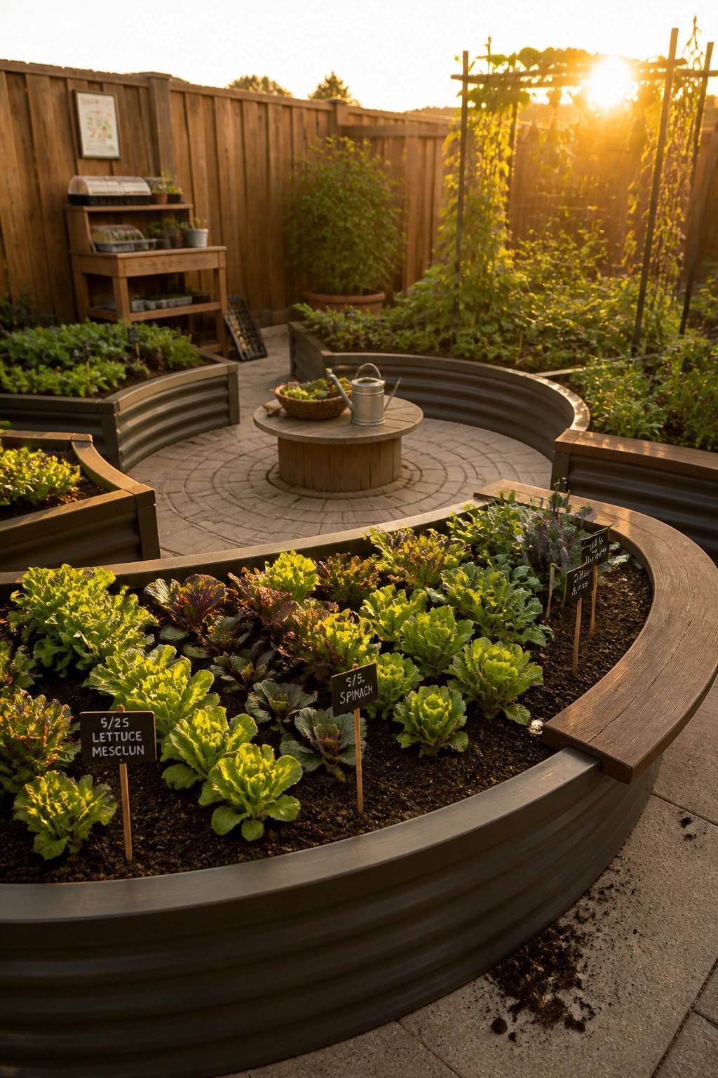 Curved raised garden beds filled with leafy greens and plant labels arranged around a central round table on a paved patio.