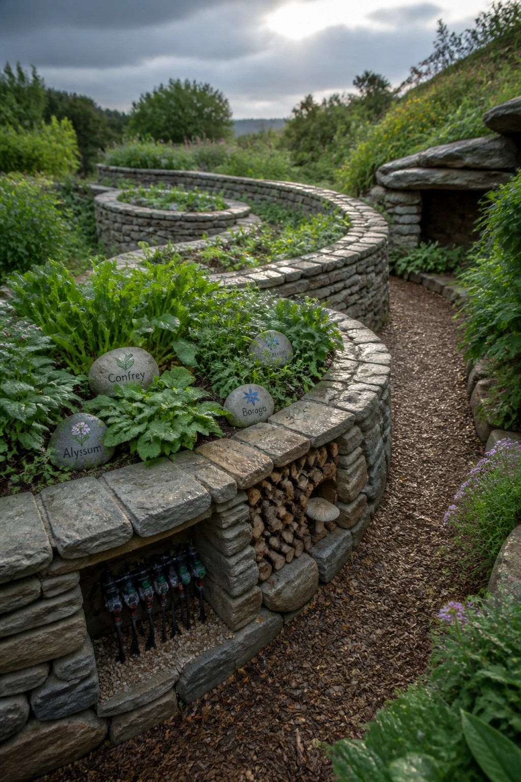 Curved stone raised garden beds with plant labels and a gravel path running beside them.