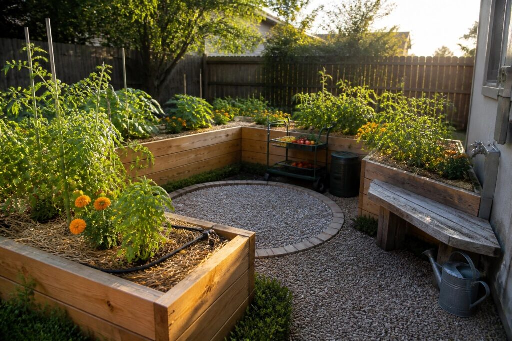 24 Practical Raised Garden Bed Layout Ideas That Improve Access and Harvests A backyard garden with multiple wooden raised beds arranged around a central gravel path, with plants, a watering can, and a small cart visible.