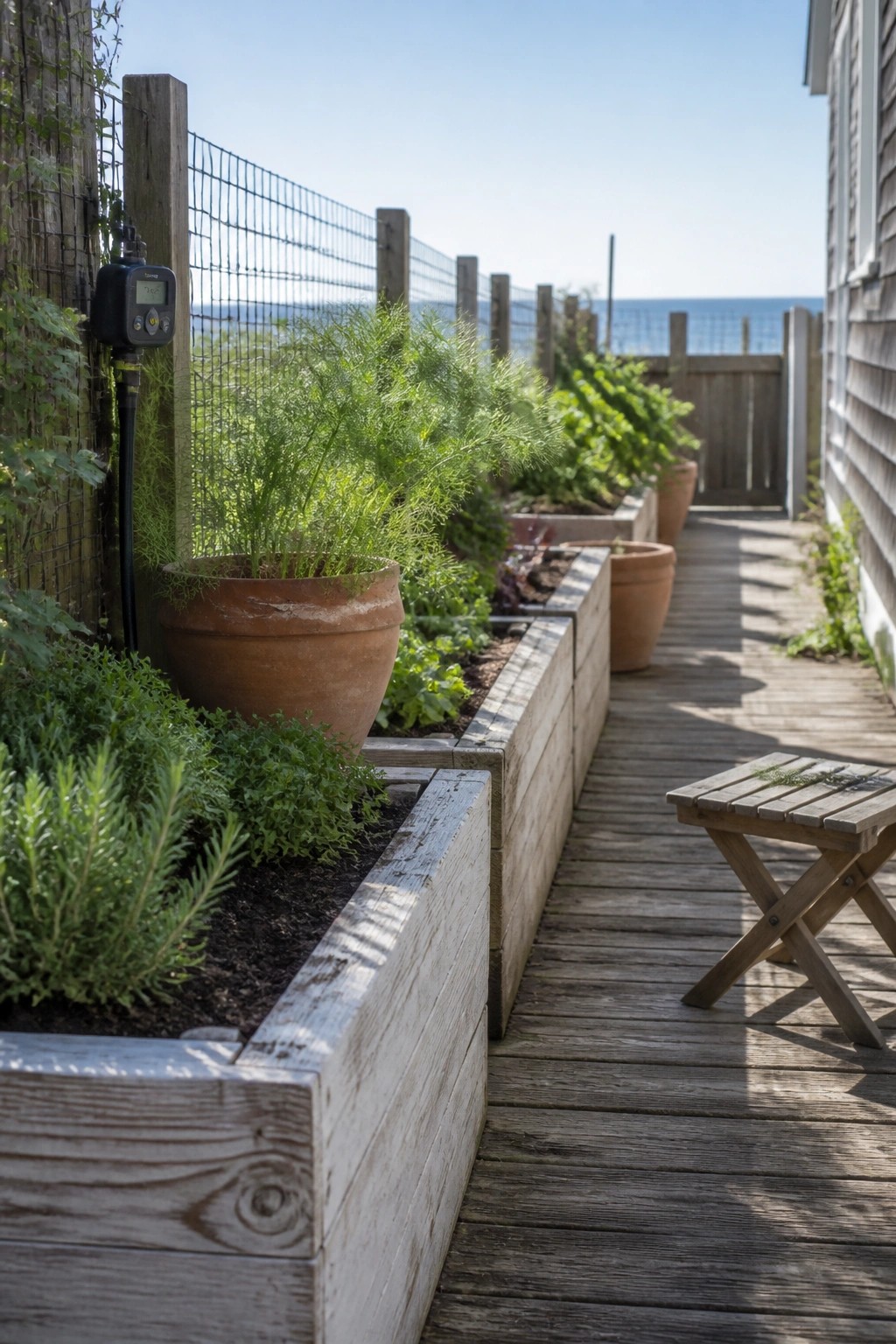 Wooden raised garden beds with herbs and vegetables line a weathered deck path, with terracotta pots nearby.