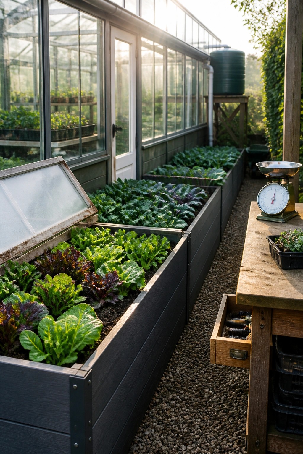Greenhouse interior showing multiple long wooden raised beds filled with leafy greens arranged along a gravel path with a wooden workbench on the right.
