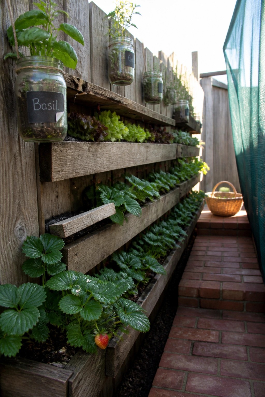 Multi-tiered wooden raised garden beds mounted on a fence with herbs, lettuce, and strawberries growing beside a narrow brick path.