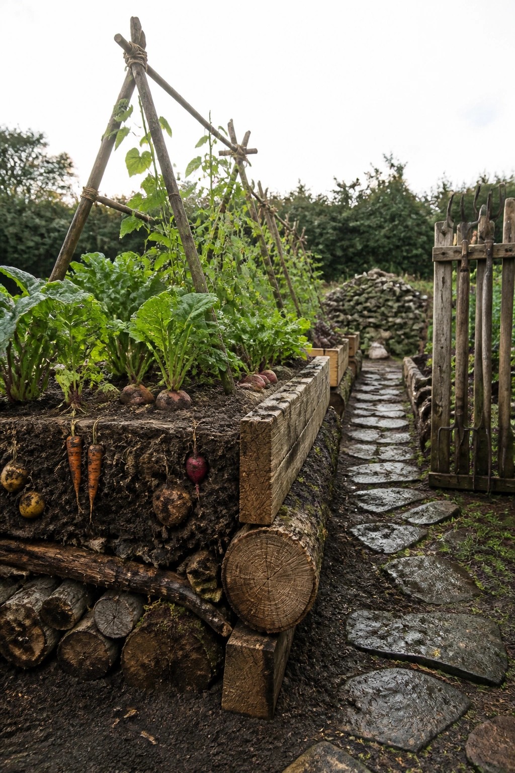 A raised garden bed made of stacked logs and wood holds root vegetables beside a stone pathway.