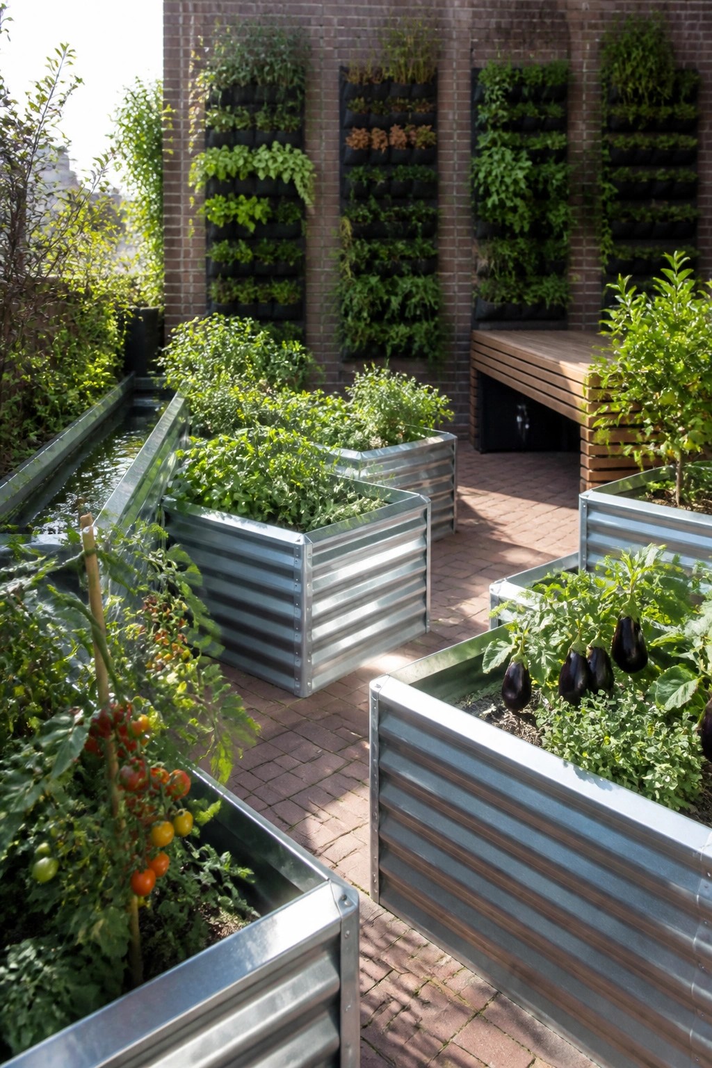 Multiple galvanized metal raised beds with tomatoes and eggplants sit on a brick patio beside a brick wall fitted with vertical fabric planters.