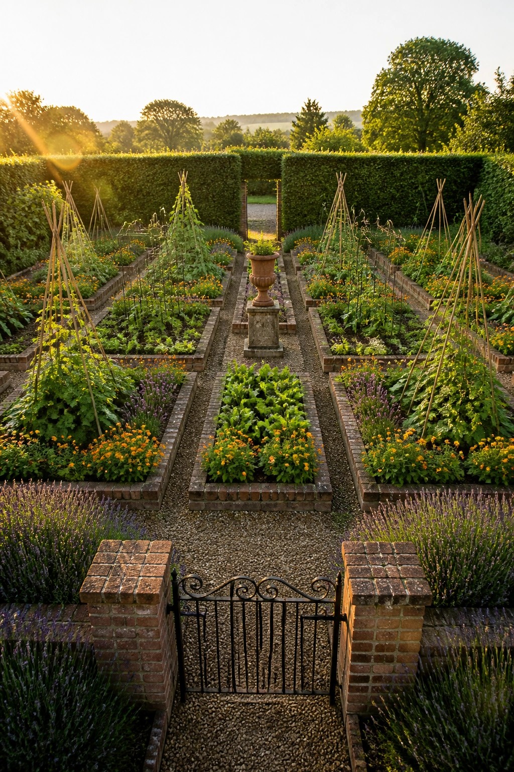 A formal garden with multiple rectangular raised beds edged in brick, arranged symmetrically around gravel paths, with a central stone urn and a black metal gate in the foreground.