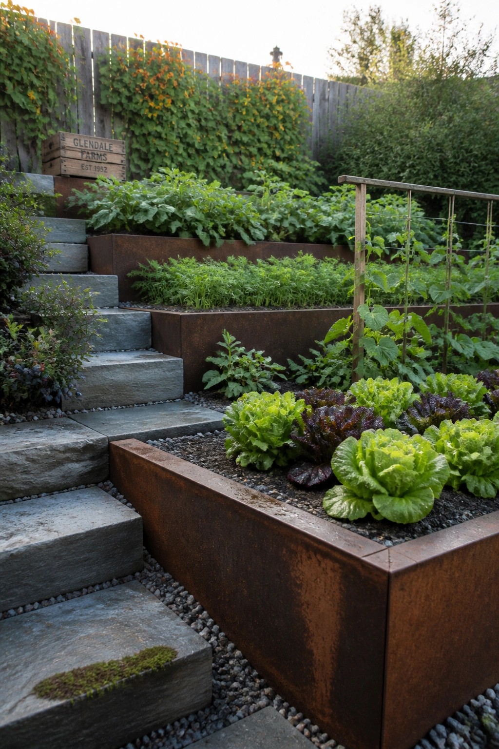 A garden scene with metal raised beds at different heights containing leafy vegetables, next to stone steps and gravel paths.