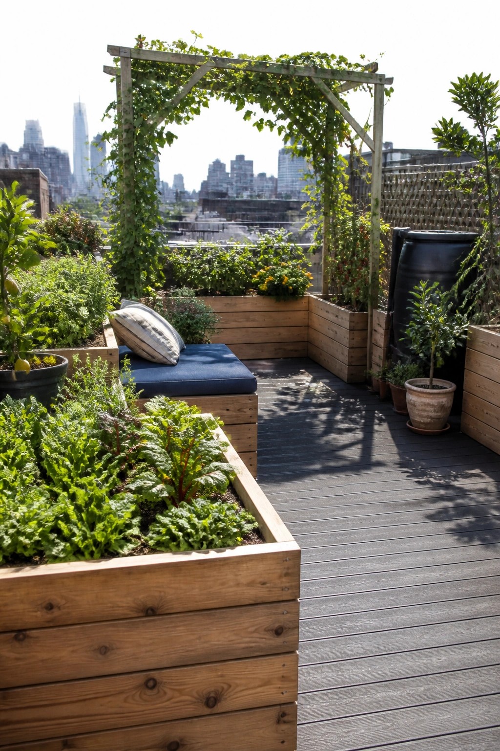 A rooftop deck surrounded by wooden raised garden beds planted with leafy greens, herbs, and flowers, with a blue cushion resting on one bed edge and a city skyline visible beyond.