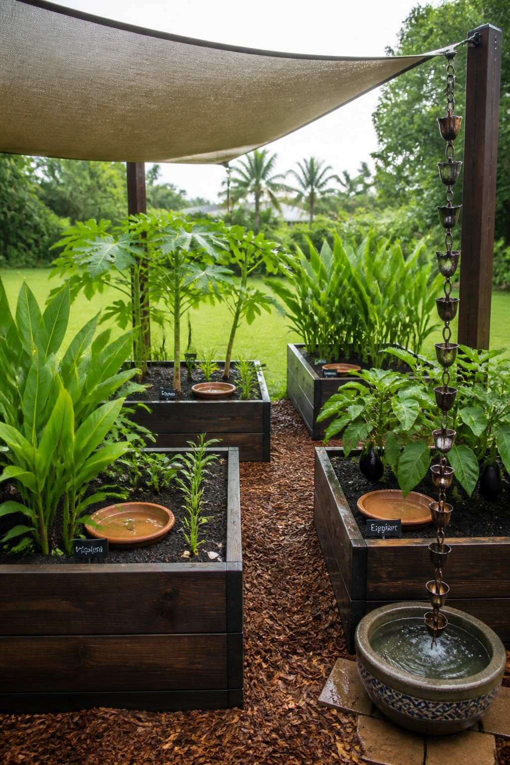 Wooden raised garden beds with various plants are arranged in rows separated by mulch paths, with a shade sail overhead and a rain chain into a water basin.