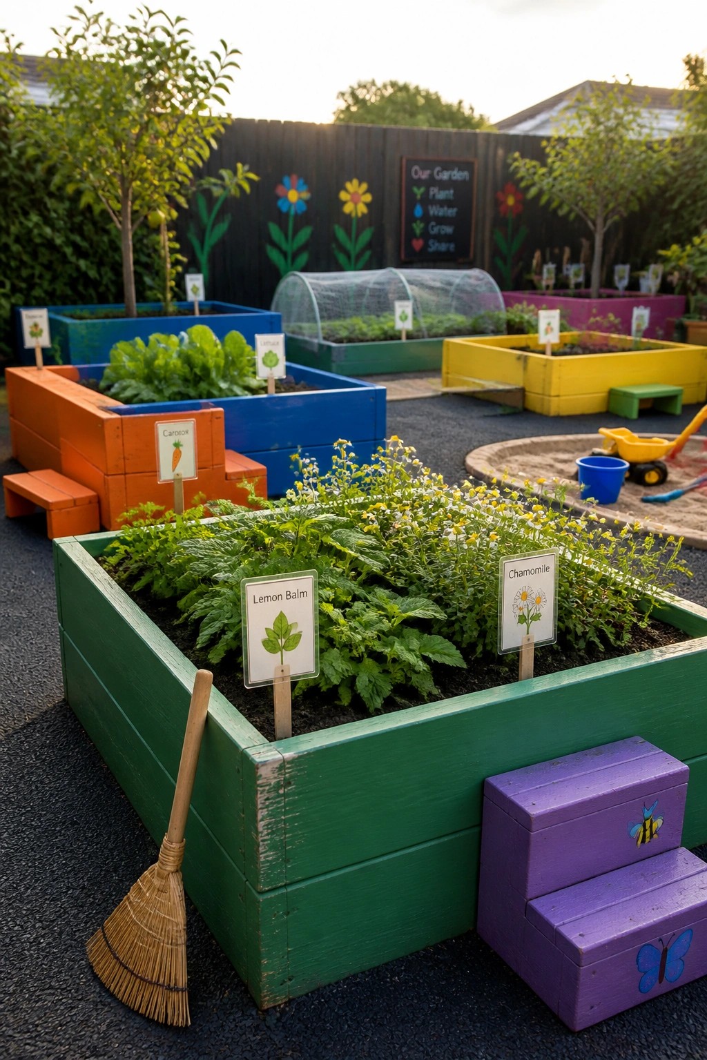 A backyard garden with multiple colorful raised beds, plant labels, and purple wooden steps attached to a green bed in the foreground.