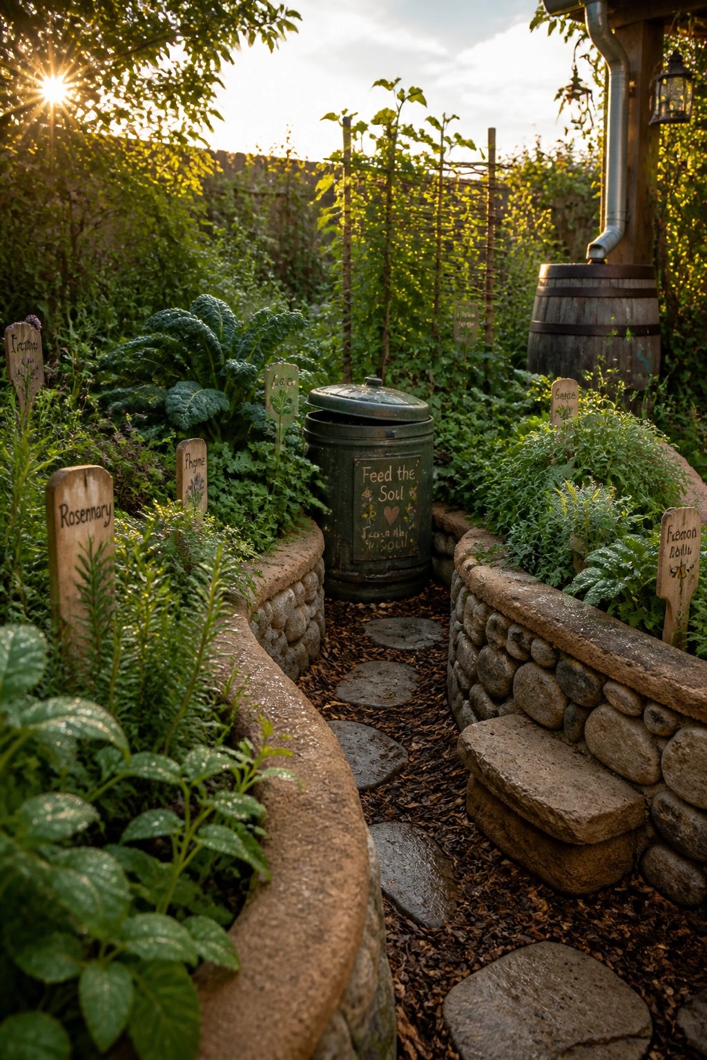 A garden path lined with curved raised beds made of stacked stones, filled with herbs and vegetables, and marked with wooden plant labels.