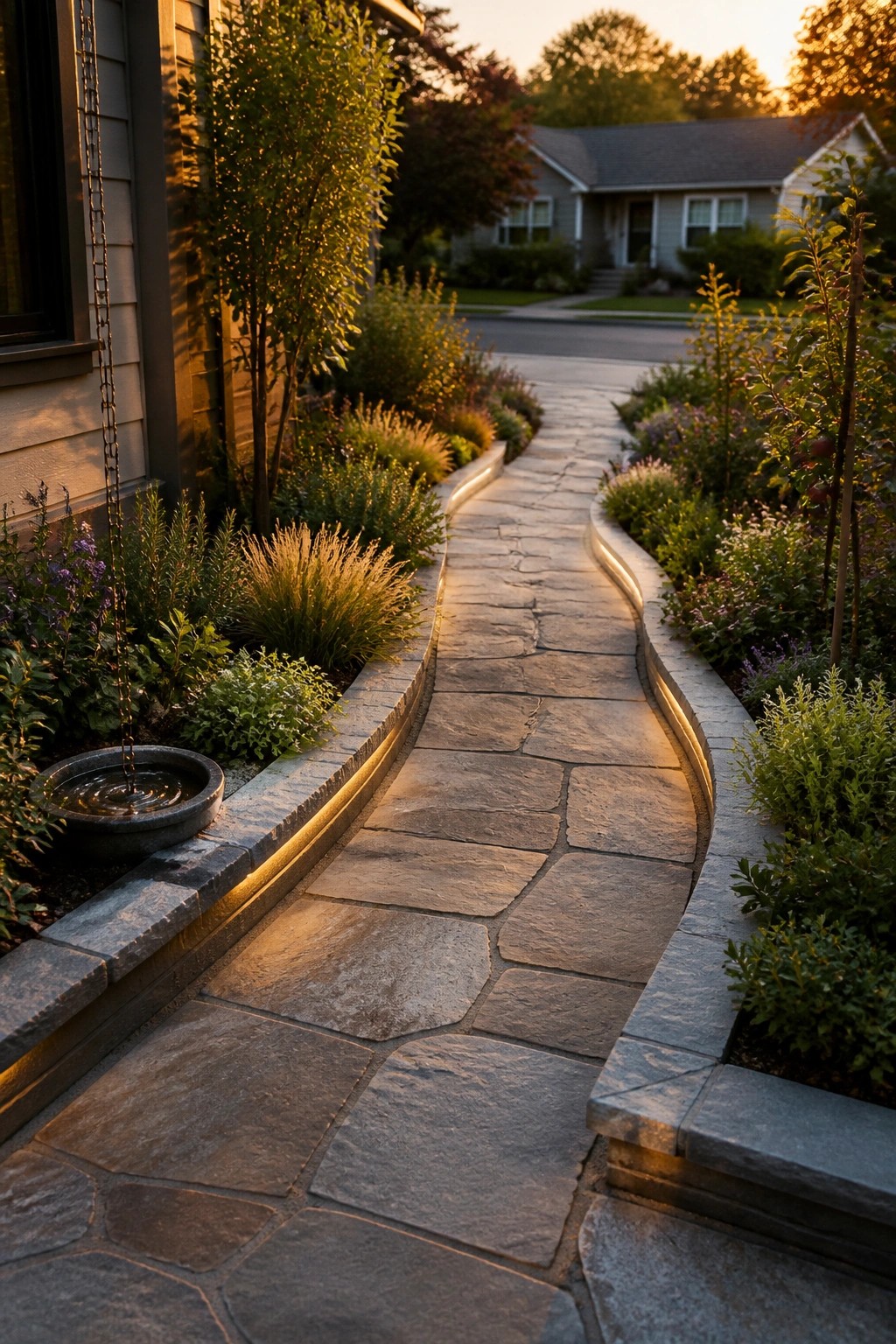 A winding stone path bordered by raised garden beds with low stone edging and small lights along the borders.