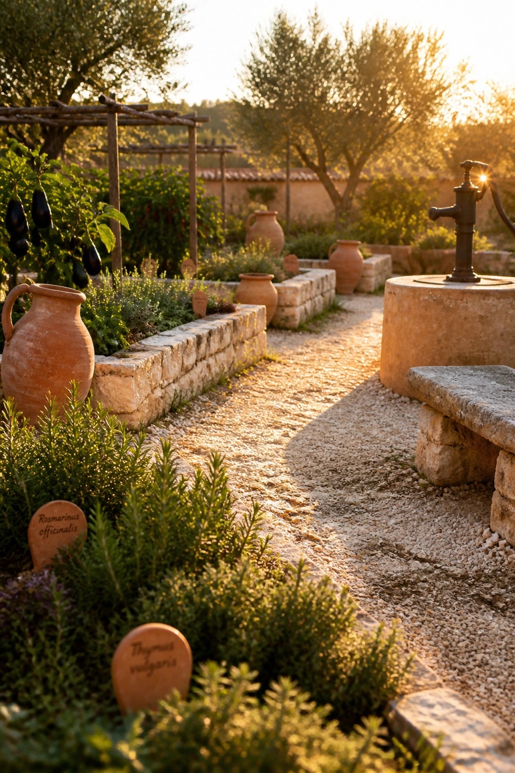 Rustic garden path with terracotta pots, labeled herbs, eggplants, and stone water pump in sunlight