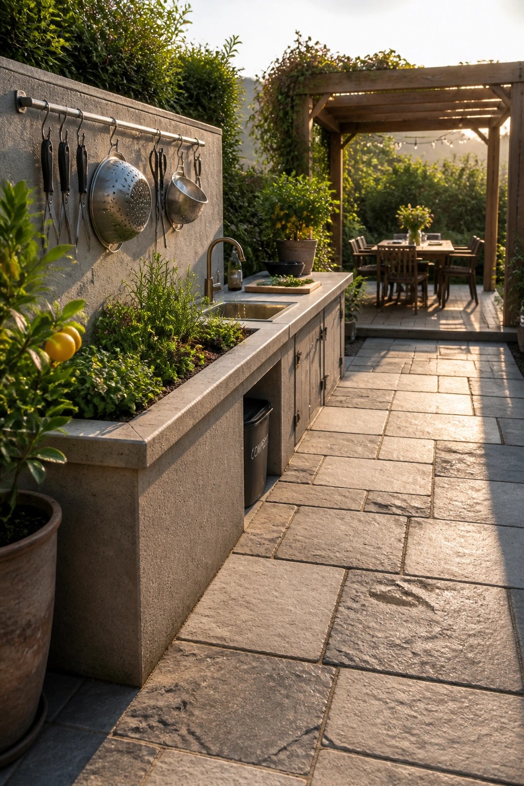 Outdoor kitchen counter with sink, hanging utensils, herb garden on stone patio
