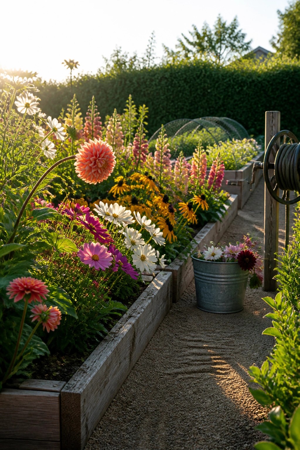 A garden scene with wooden raised beds filled with colorful flowers lining a gravel path, including a metal bucket planter on the right.