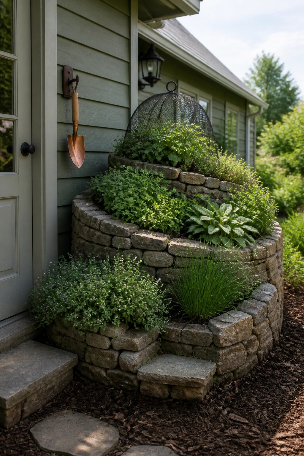 A curved tiered stone raised garden bed with multiple levels of green plants sits next to a sage green house door with a copper trowel mounted on the siding.