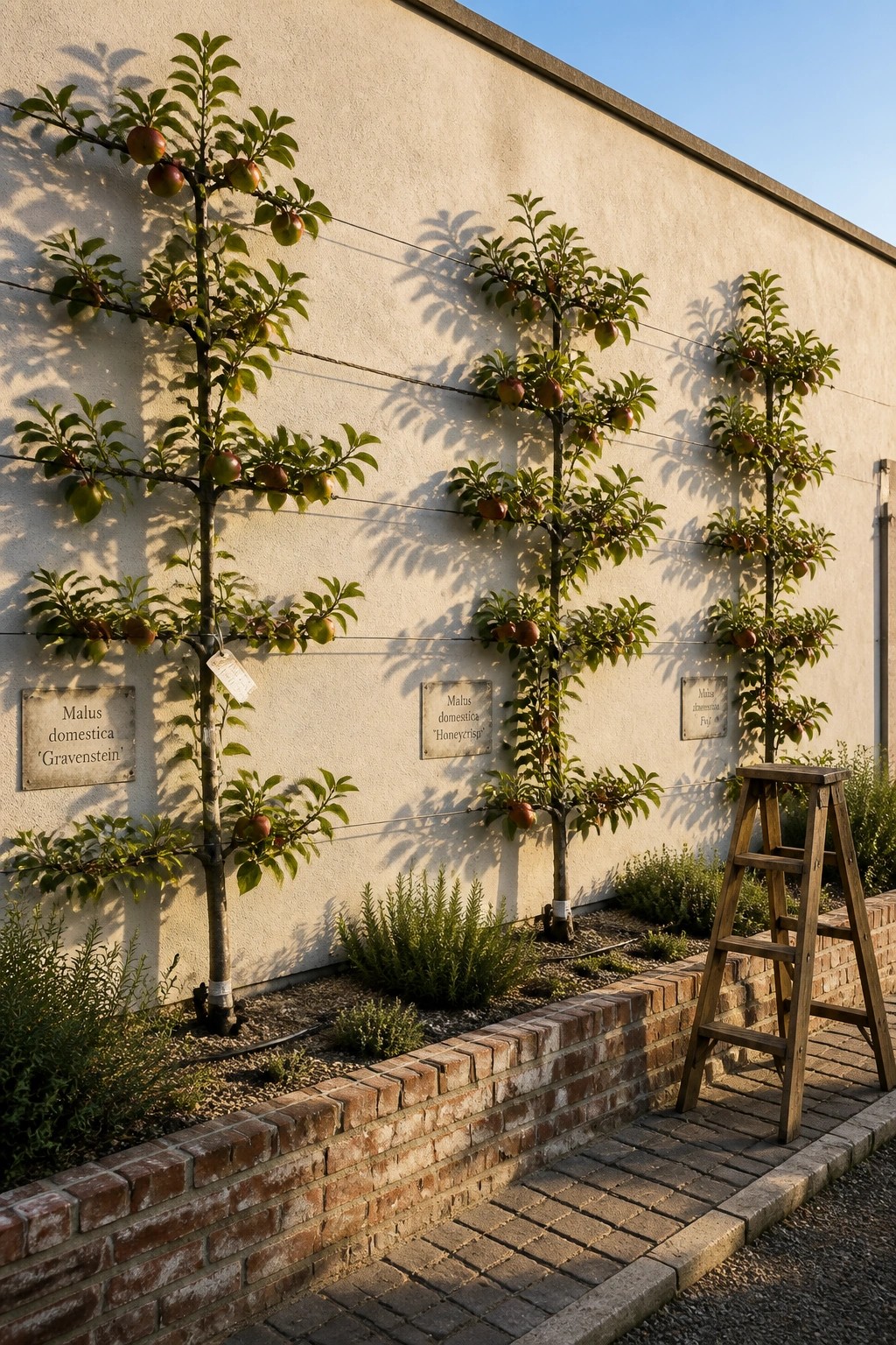Three young apple trees trained horizontally on wires against a light stucco wall, with metal variety labels and a wooden step ladder nearby.