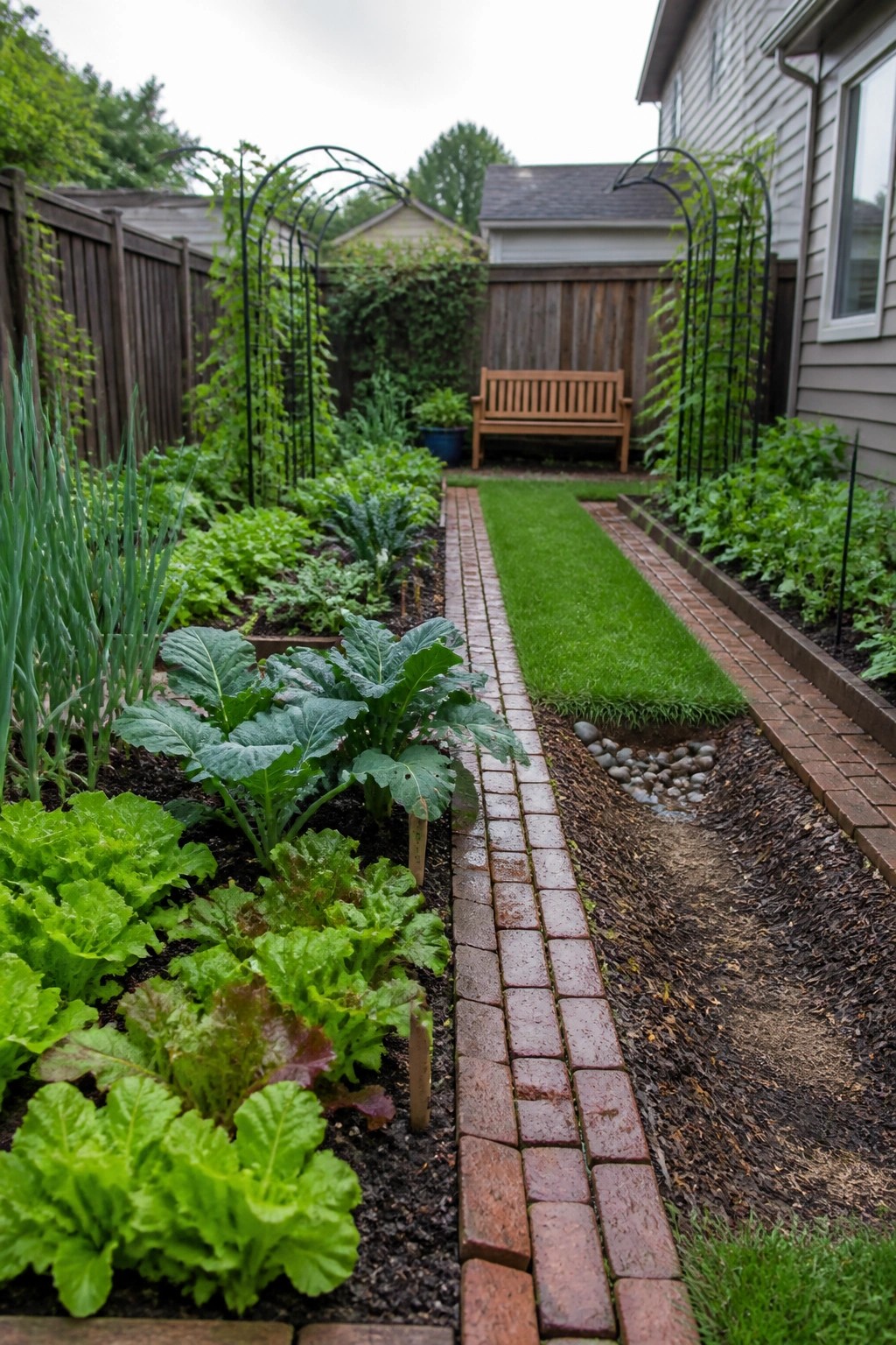 A backyard vegetable garden with raised beds of leafy greens divided by a central brick path that leads toward a wooden bench.