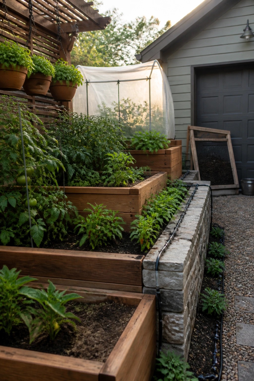 A backyard scene with multiple wooden raised beds containing vegetable plants, black drip irrigation tubing along the edges, hanging pots on a wooden structure, and a small greenhouse in the background.