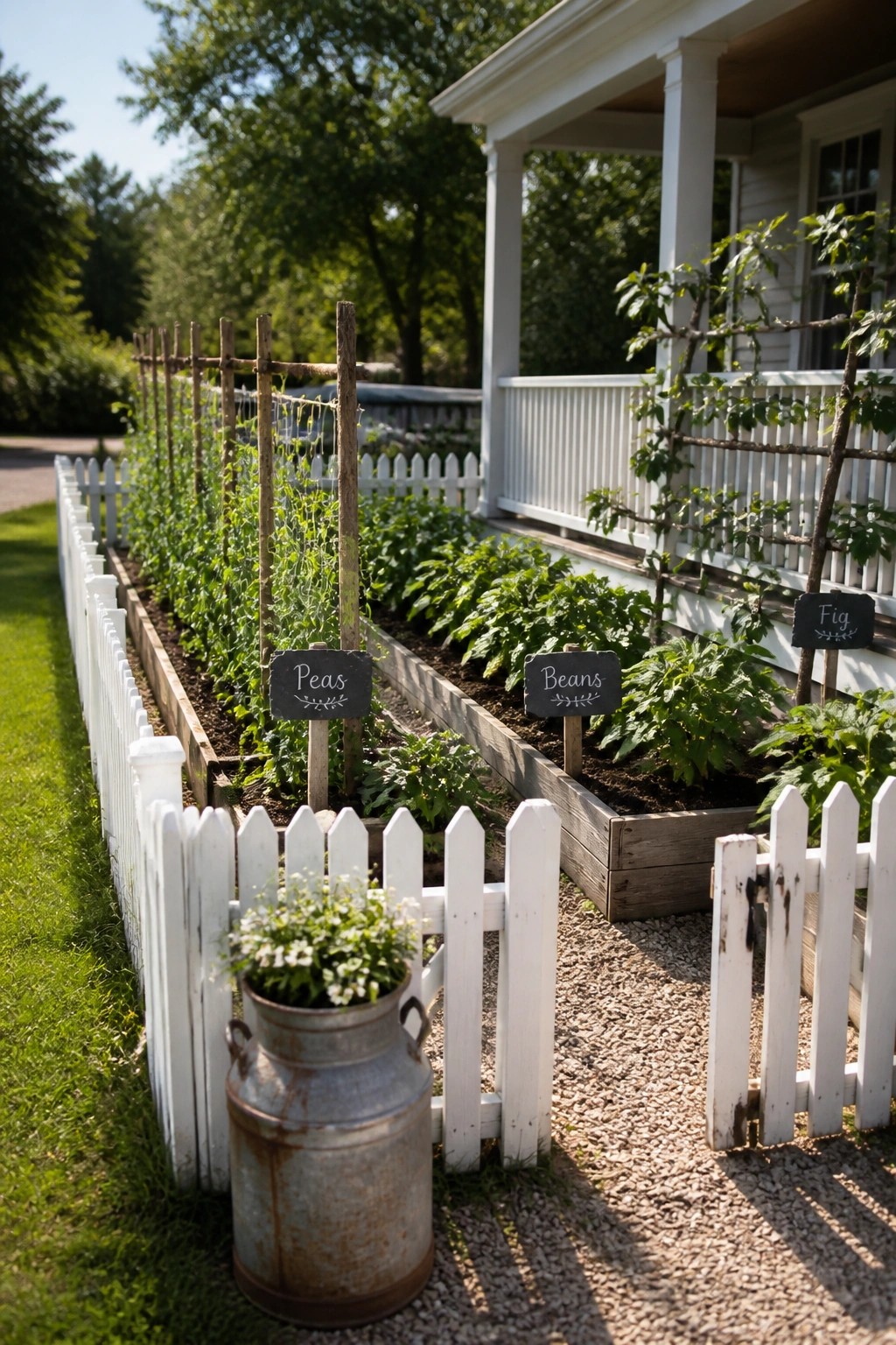 Raised garden beds labeled peas, beans, and fig behind white picket fence