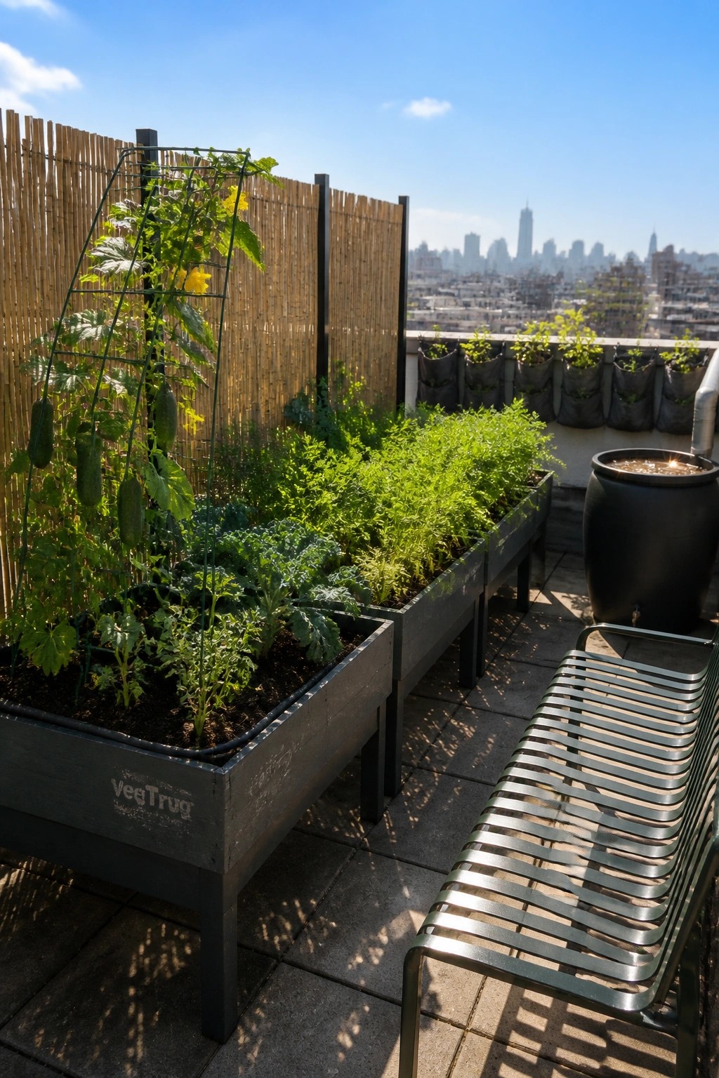 Rooftop terrace featuring several dark raised garden beds with vegetables, including a green trellis supporting cucumber vines, alongside a metal bench and a large black container.