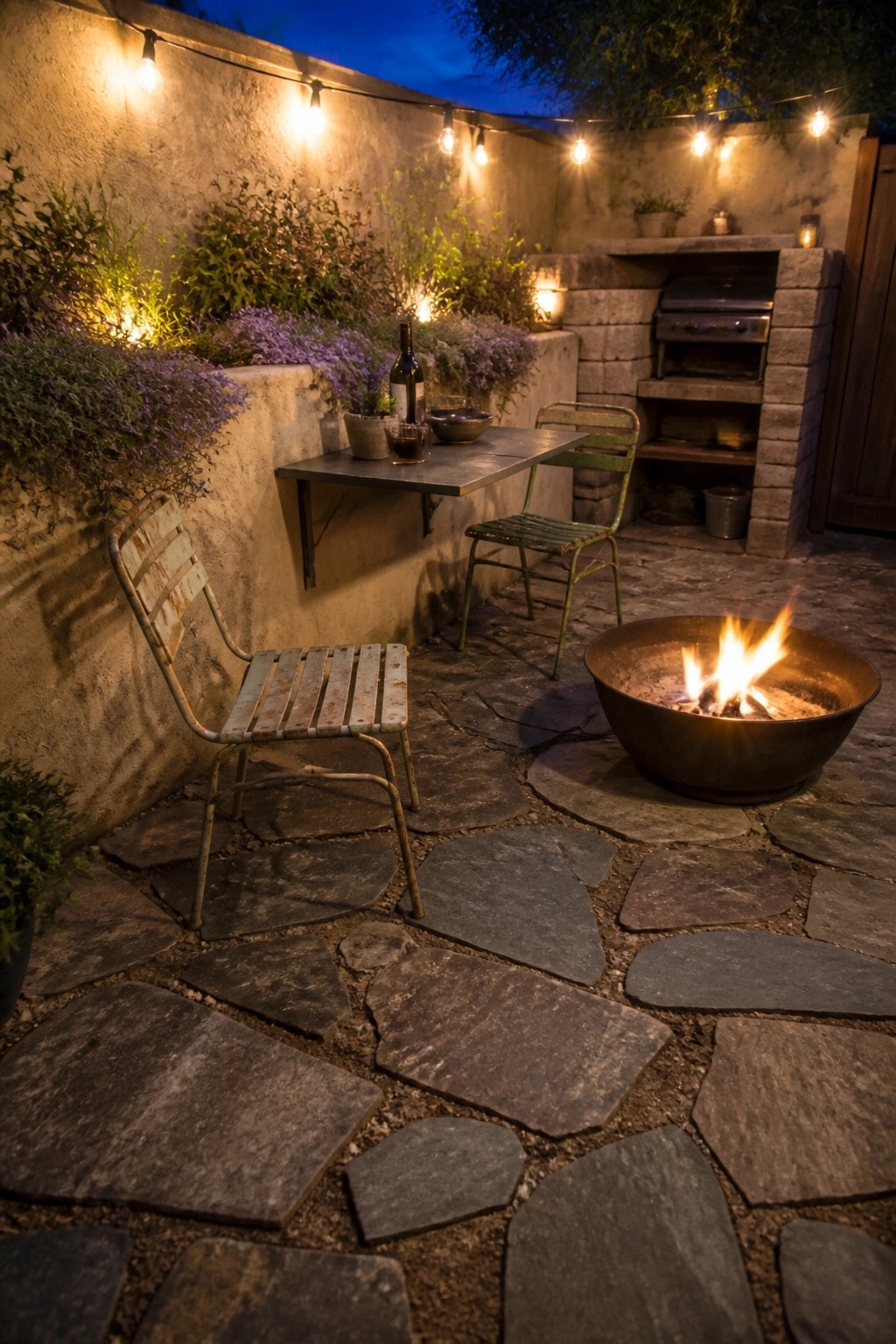A small stone patio at dusk with a round metal fire pit, two weathered metal chairs, a wall-mounted table holding a wine bottle, and string lights along the back wall.