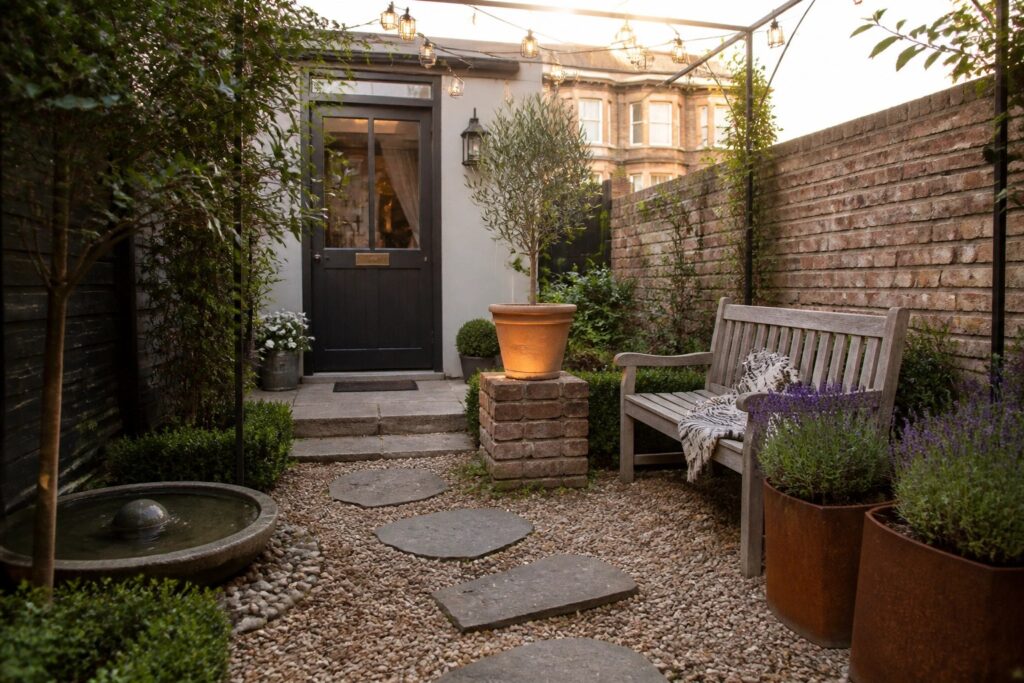 21 Affordable Tiny Garden Ideas That Look Polished on a Budget A narrow garden path of irregular stepping stones set in gravel leads past terracotta pots and a wooden bench toward a dark door.