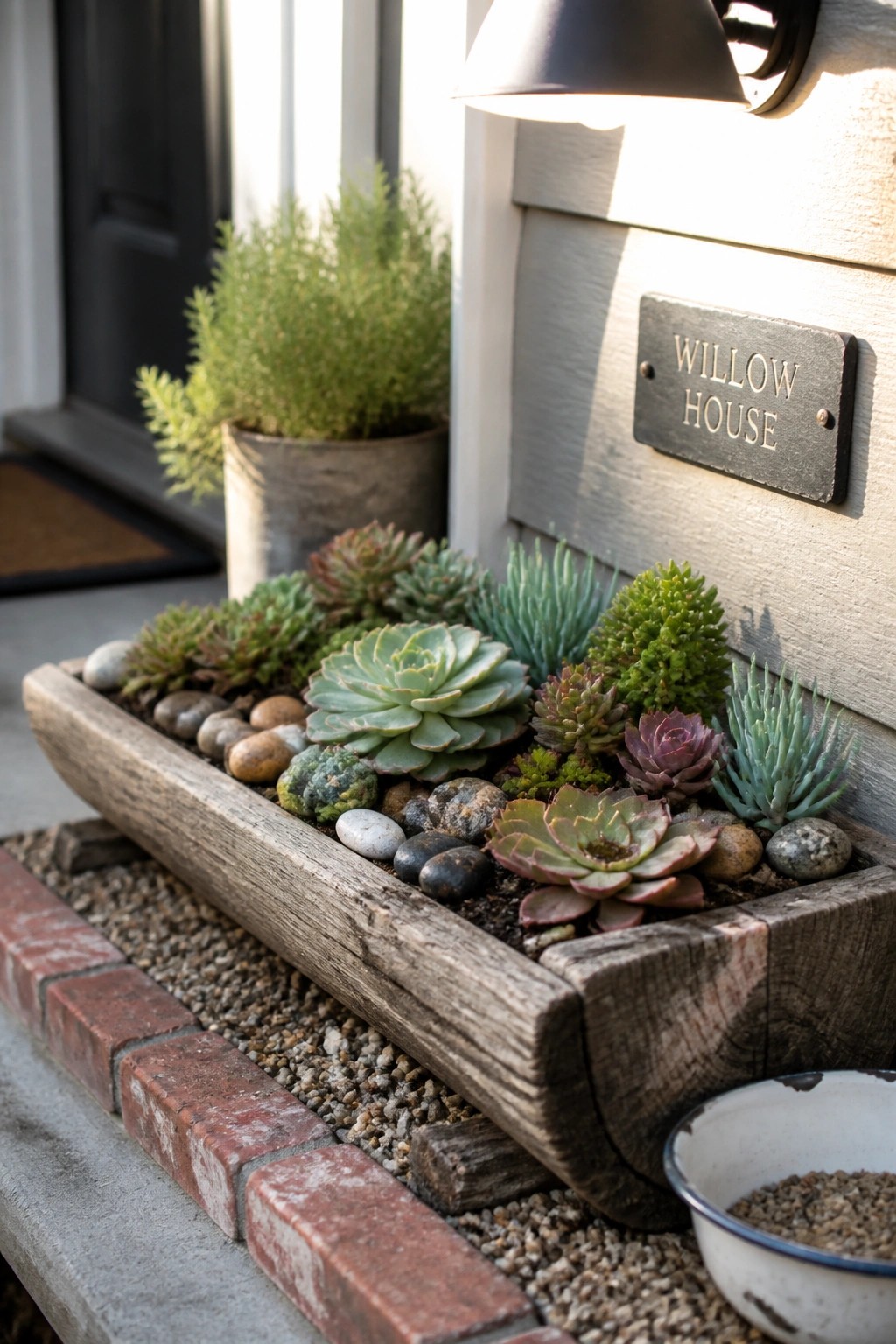 A weathered wooden trough planter filled with succulents and pebbles sits on gravel beside a house entrance with a metal sign above it.