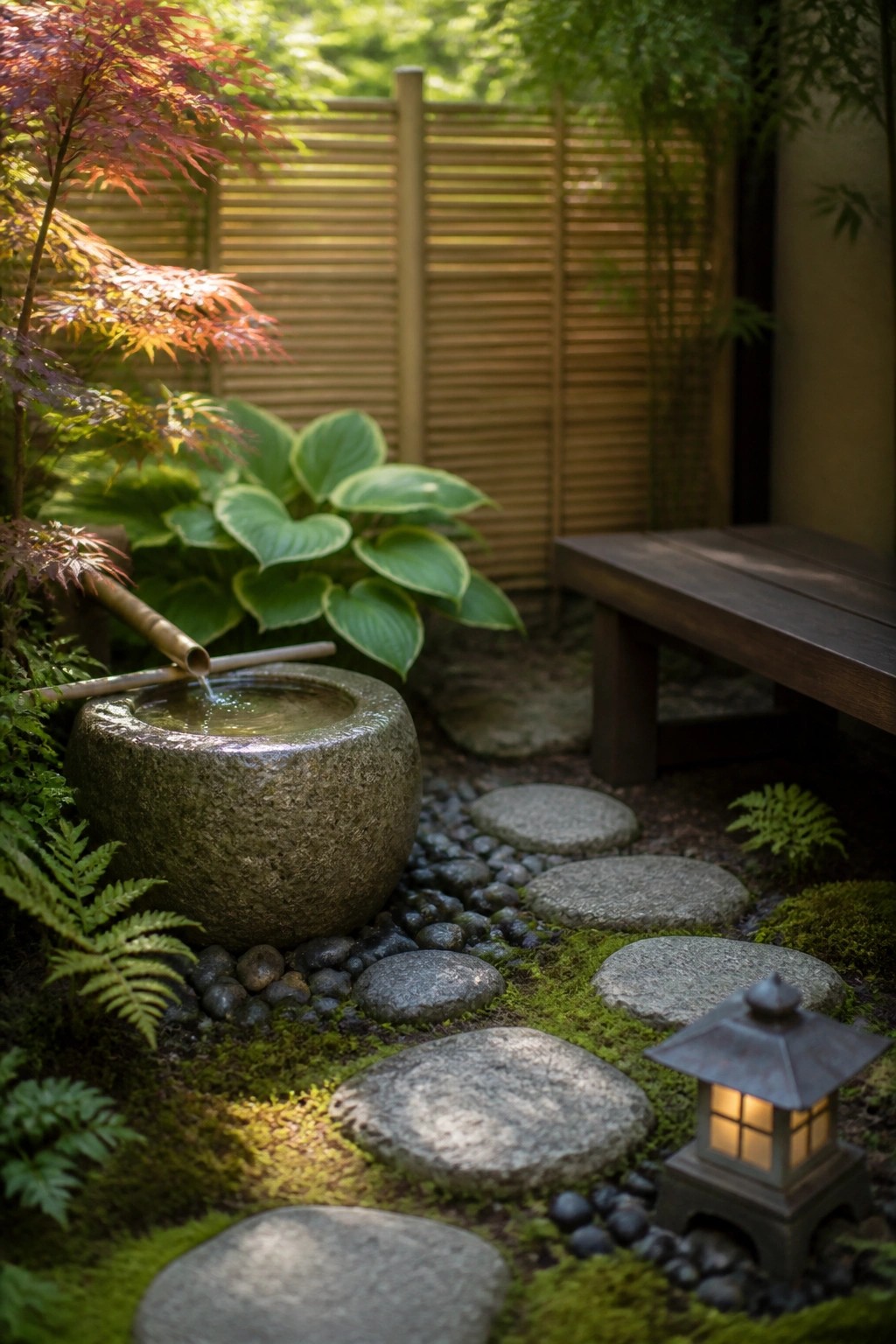 A small garden path made of large irregular stepping stones set in moss and gravel, leading past a stone water basin with a bamboo spout and surrounded by ferns and hostas.