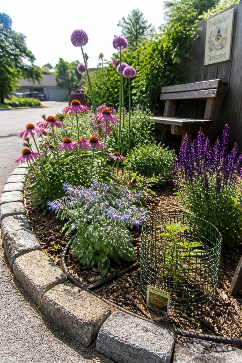 A curved garden bed edged with gray stones holds pink coneflowers, purple alliums, blue borage, and a milkweed plant protected by a green wire cage.