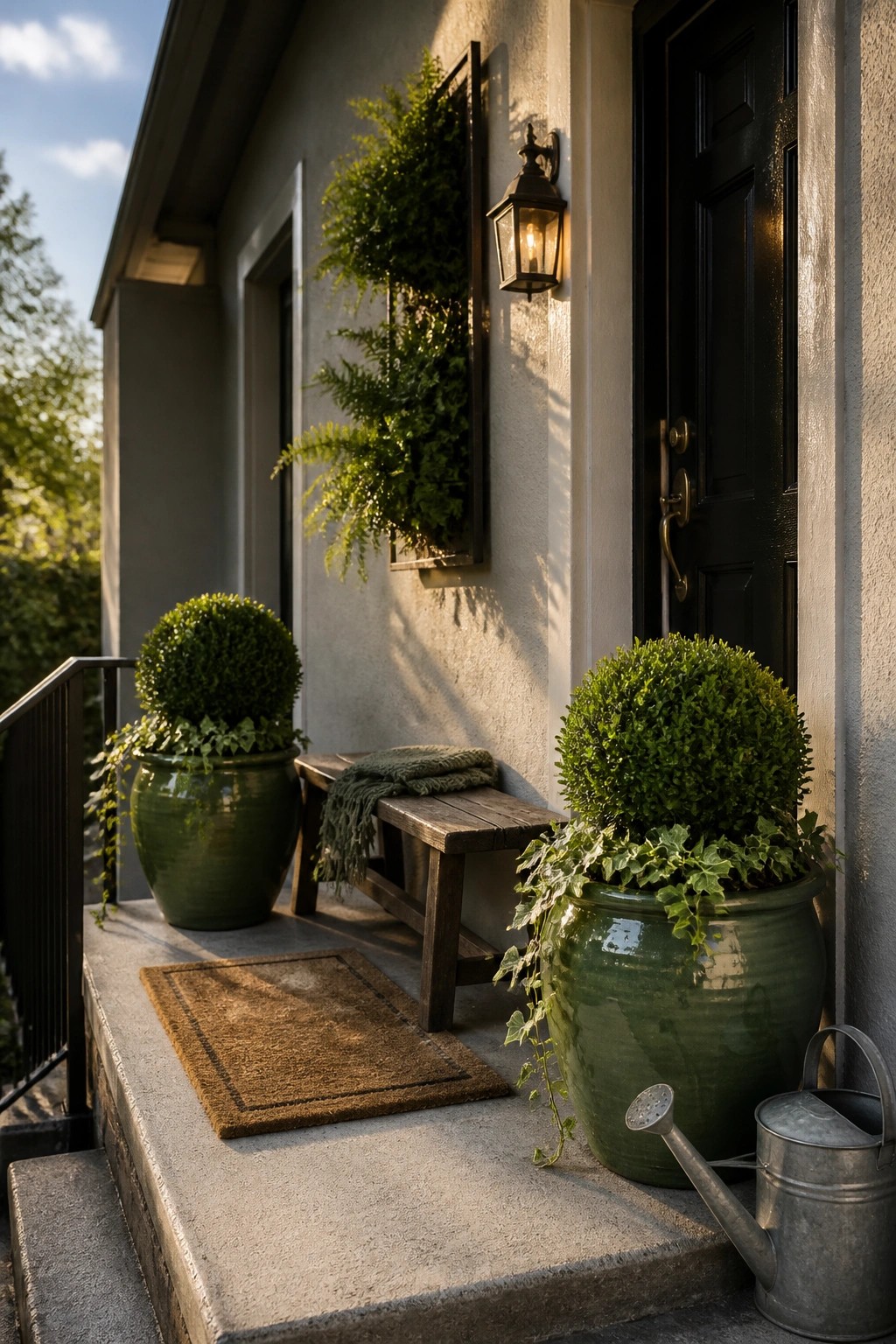 A house porch with two large green ceramic pots holding rounded shrubs and trailing ivy, a wooden bench with a blanket, a doormat, and a metal watering can next to a black door.