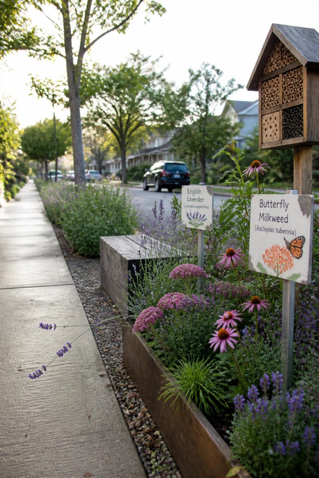 Cedar raised garden beds filled with lavender, coneflowers, and milkweed line a concrete sidewalk beside a residential street, with a wooden insect hotel visible on the right.