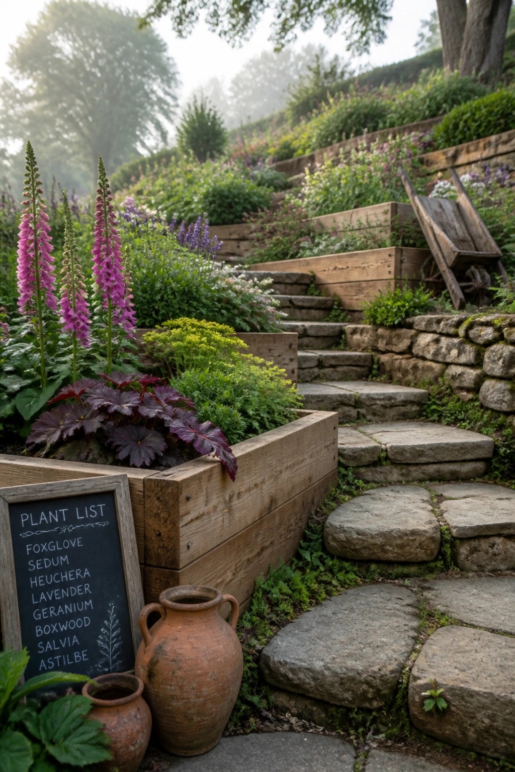 Wooden raised garden beds on a hillside with flowering plants, stone steps, and terracotta pots beside a chalkboard plant list.