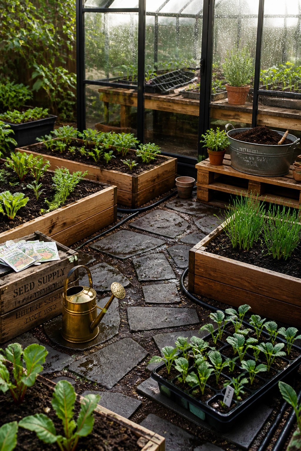 Greenhouse interior with several cedar raised garden beds on a stone pathway, containing various young plants, along with a brass watering can and seed packets in the foreground.