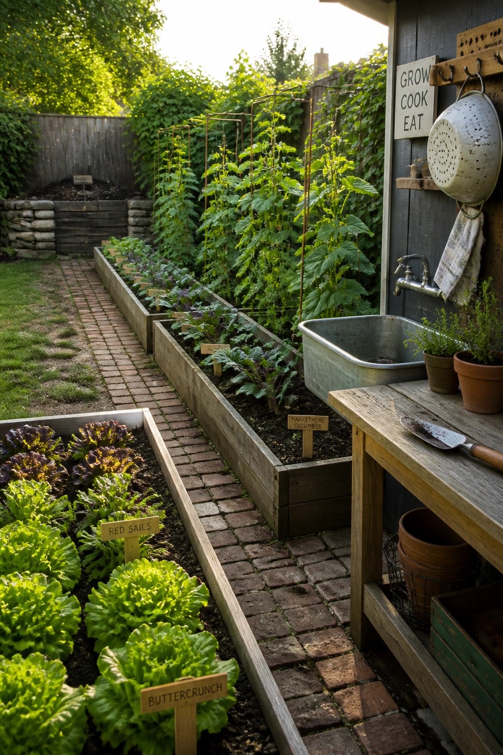 A backyard garden featuring multiple cedar raised beds filled with leafy vegetables and climbing plants, marked with wooden plant labels, alongside a brick path and a wooden workbench with a metal sink.