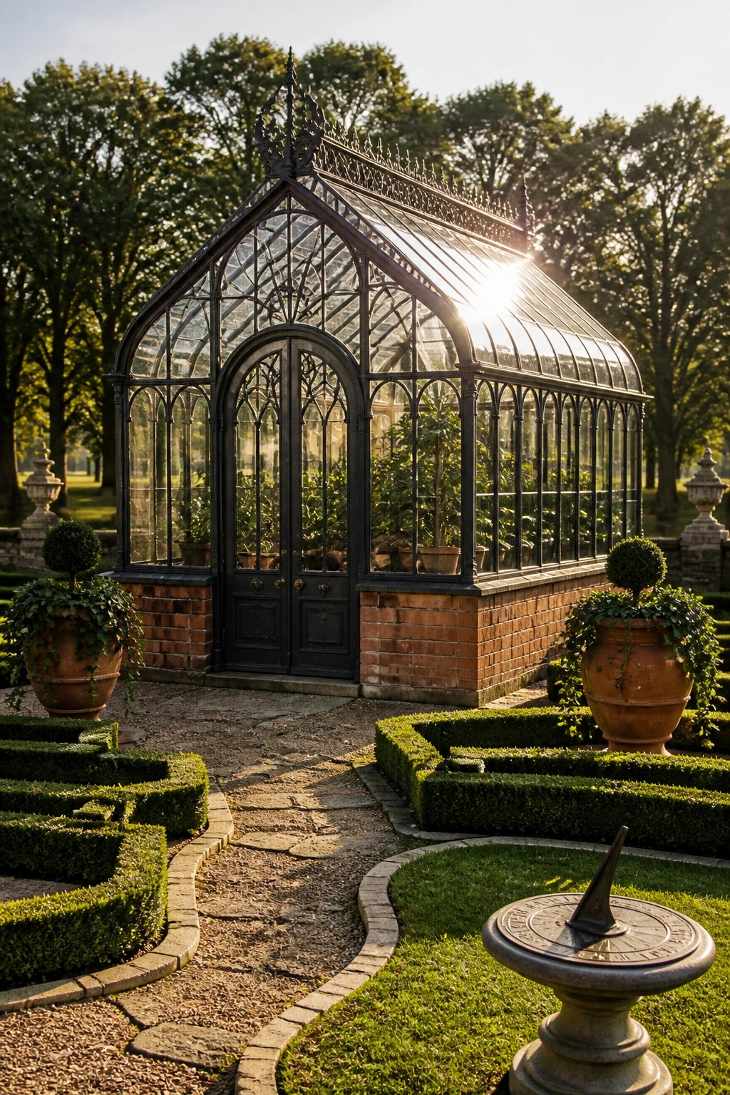 A Victorian-style greenhouse with black ornate metalwork, glass panels, and a brick base stands in a formal garden with stone paths, trimmed hedges, and potted topiaries.