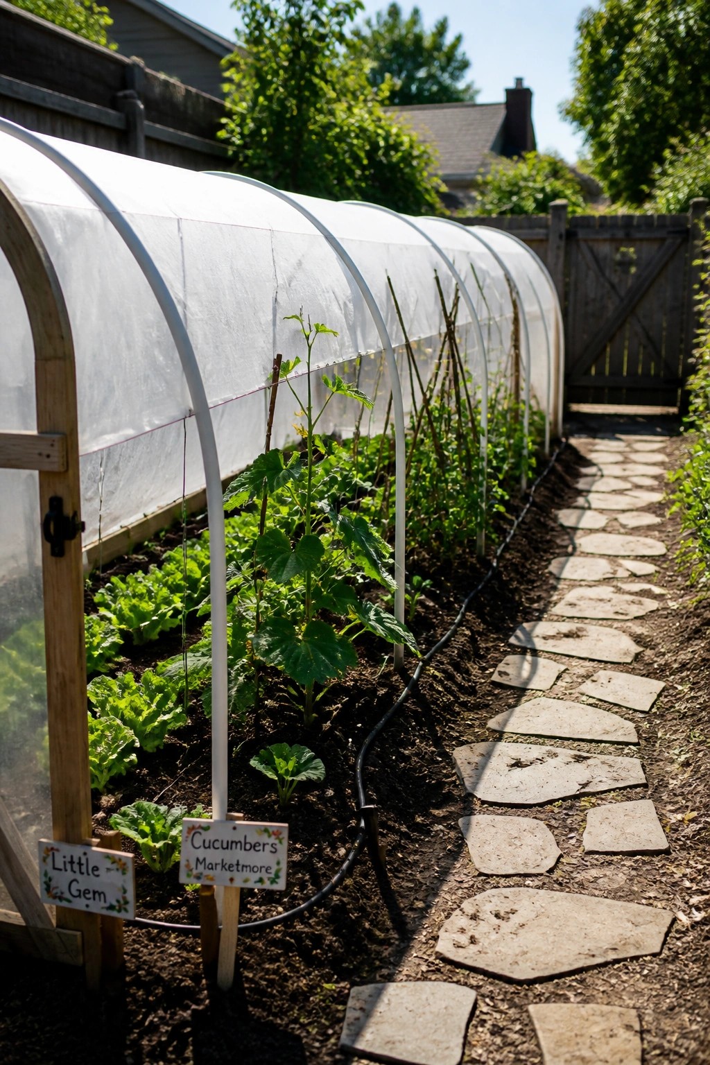 A long arched greenhouse tunnel covered in white plastic sheeting sits beside a stone path with labeled cucumber and lettuce plants growing inside.