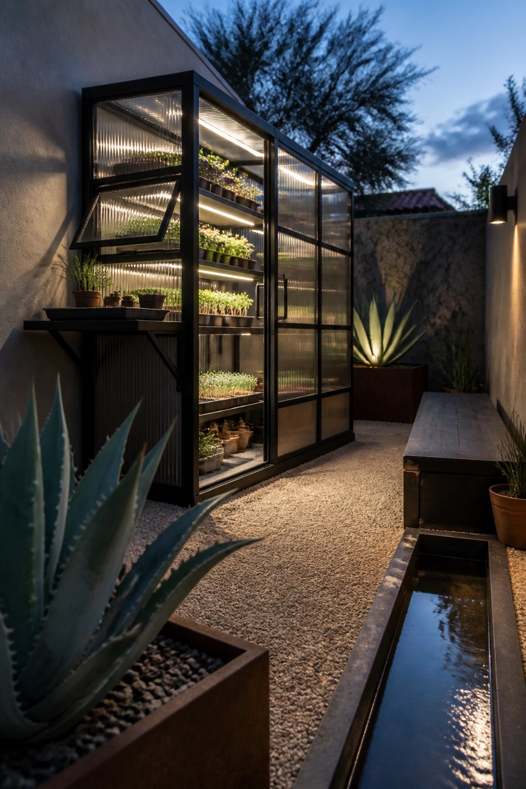 A tall black-framed glass cabinet greenhouse mounted on an exterior wall, filled with plant shelves and interior lighting, set in a gravel garden with a water channel nearby.