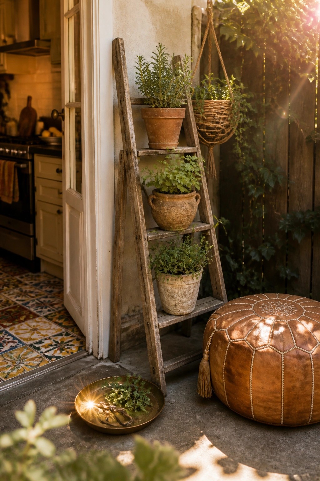Rustic wooden ladder with potted herbs beside leather pouf and sunlit golden tray.