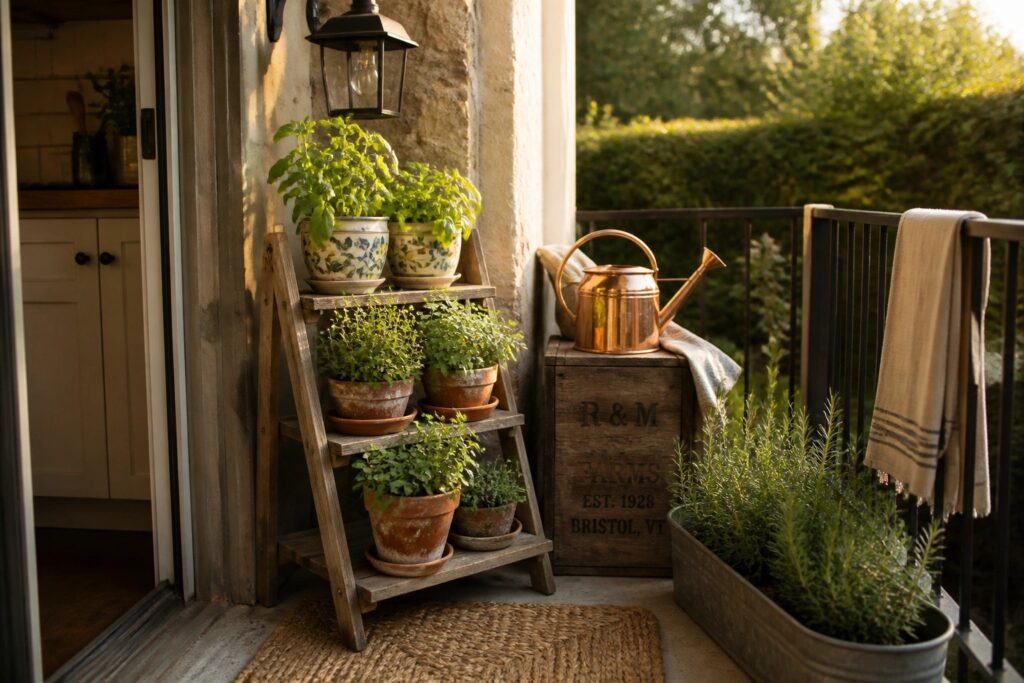 16 Fresh Herb Container Gardening Ideas for a Kitchen Door Harvest A wooden ladder shelf with potted herbs stands on a stone porch beside a kitchen door, next to a wooden crate holding a copper watering can.