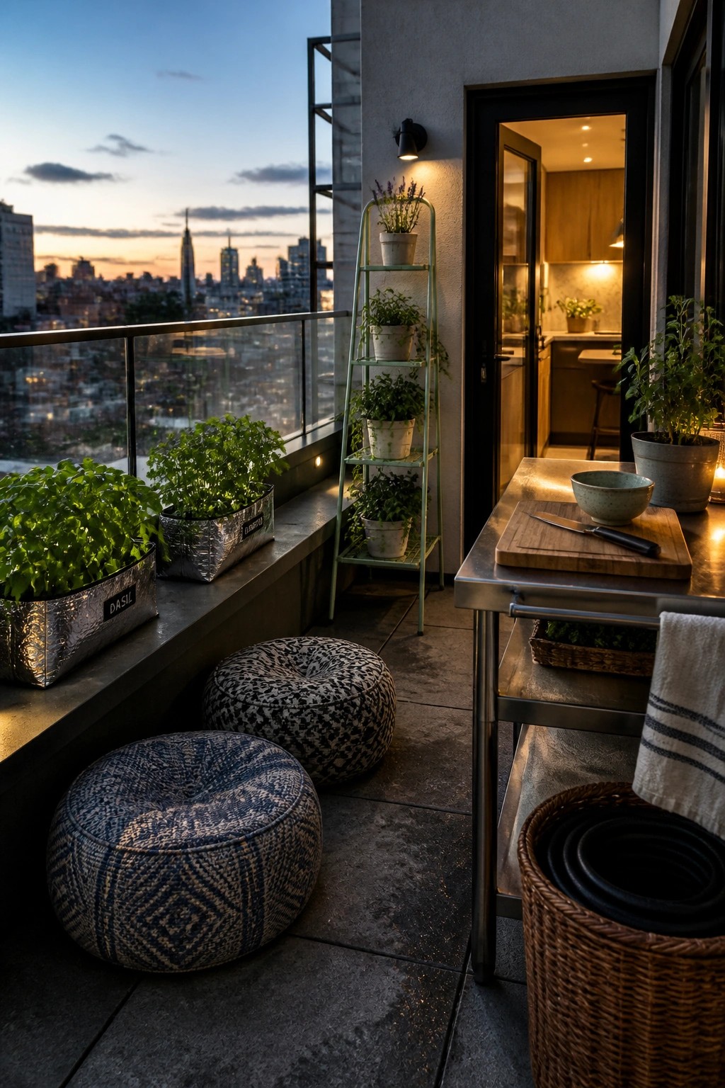 A balcony at dusk with herb-filled metal containers on a ledge, a light green plant ladder, patterned floor poufs, a stainless table, and an open door showing a lit kitchen.