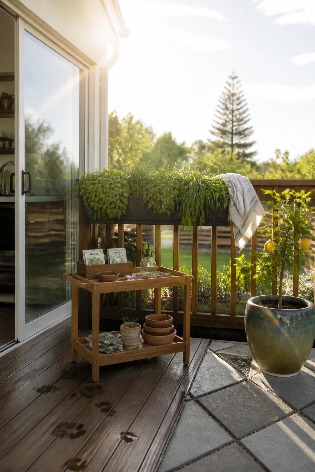 Wooden deck with herb planter on railing, potted lemon tree, and gardening table