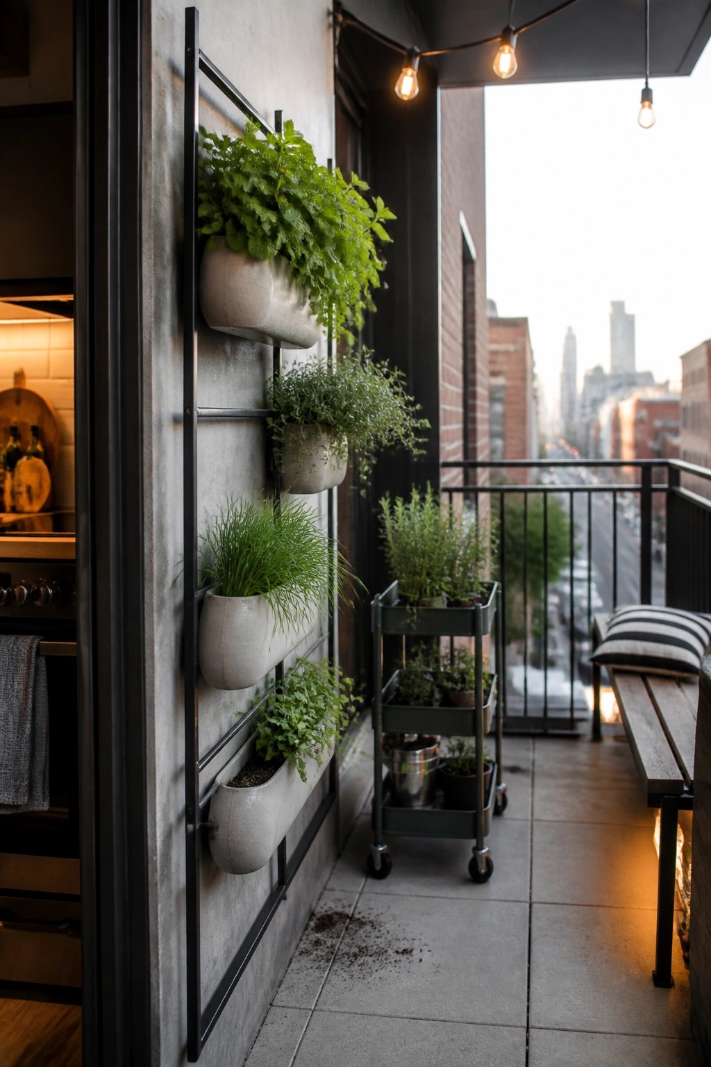 Balcony with wall-mounted herb planters beside an open kitchen door and a rolling cart holding multiple potted plants.