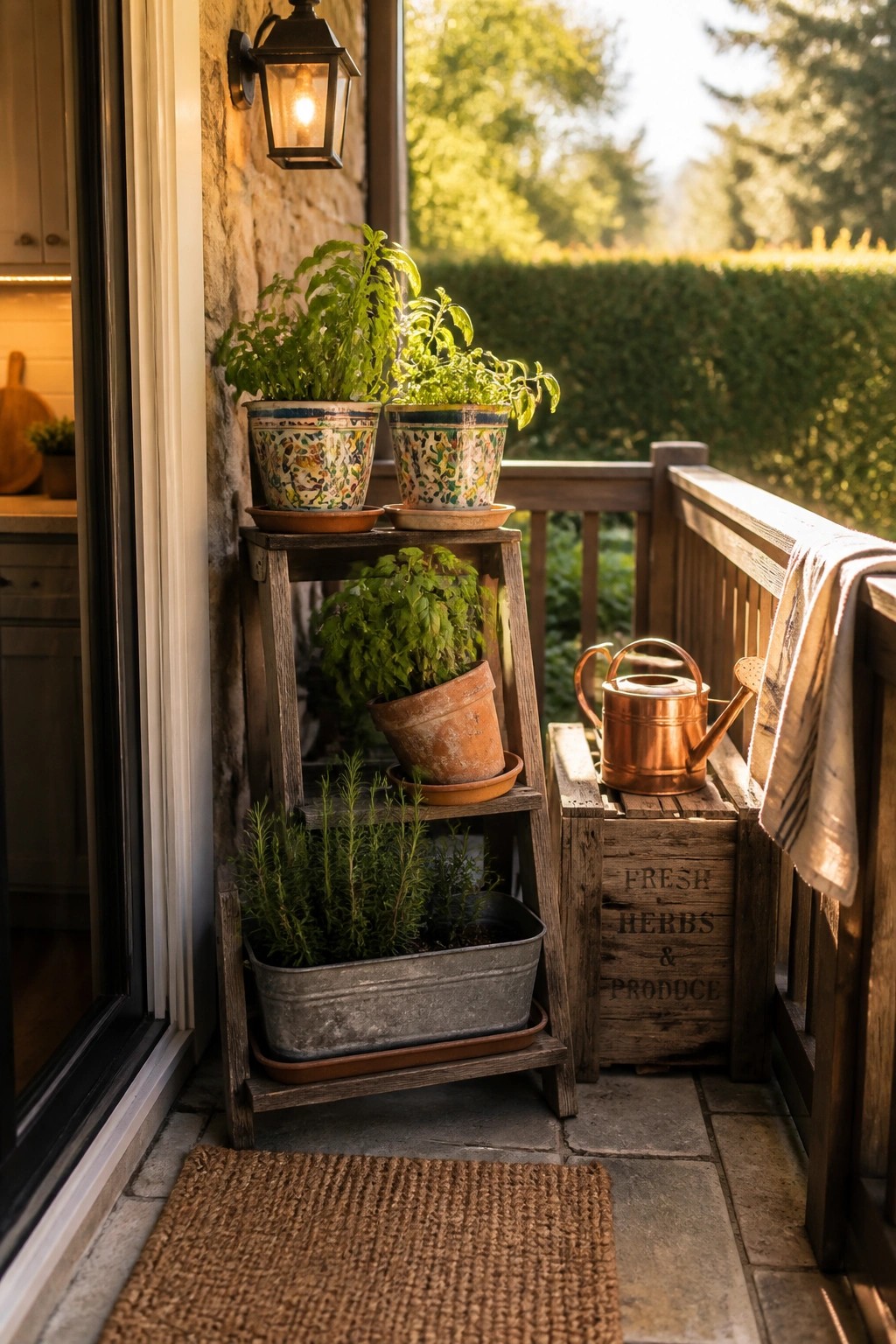 A wooden ladder shelf with potted herbs stands on a stone porch beside a kitchen door, next to a wooden crate holding a copper watering can.
