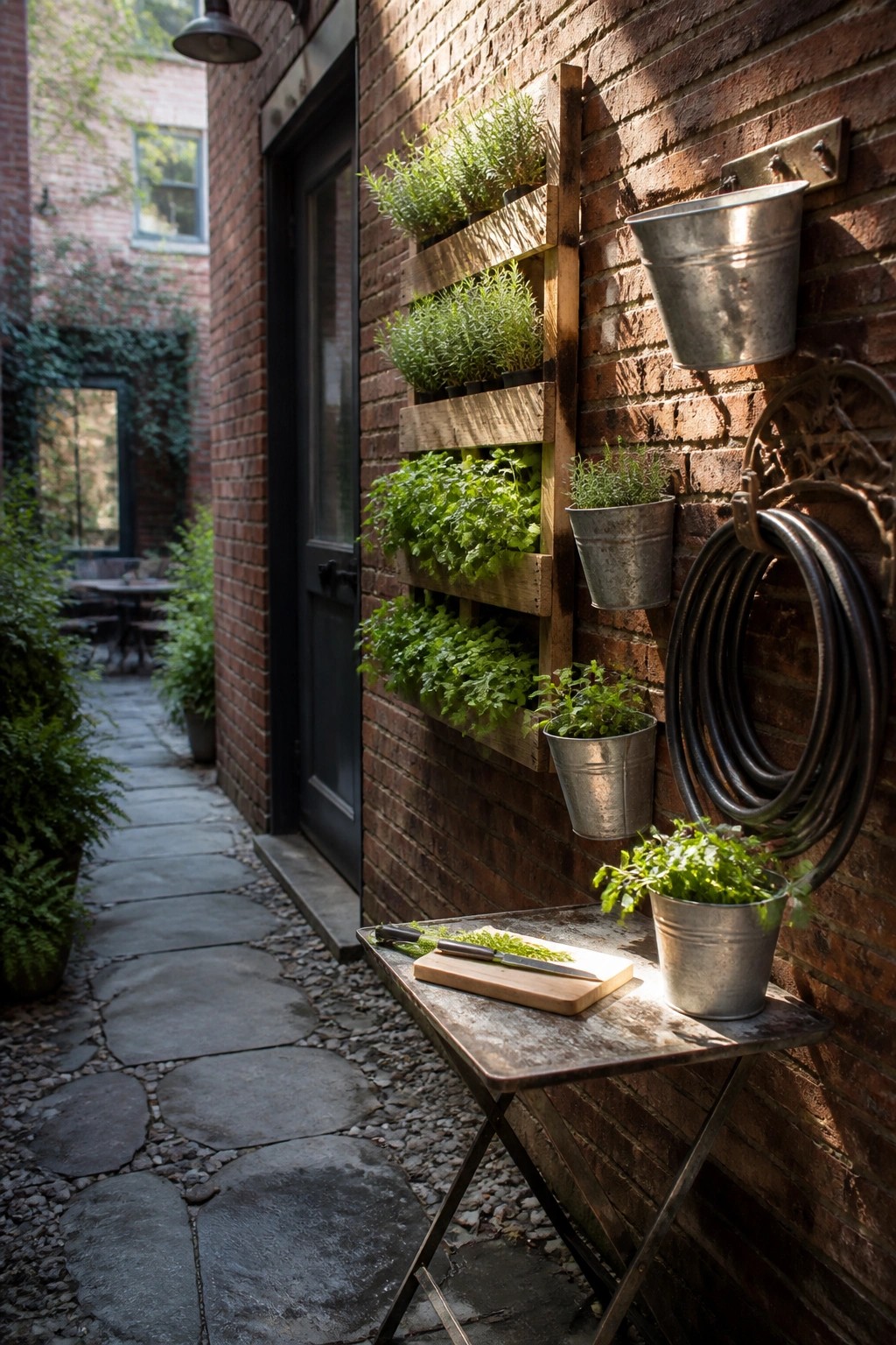 A brick exterior wall beside a kitchen door holds a multi-tier wooden herb planter and several galvanized metal buckets filled with herbs, with a small folding table in front holding a cutting board and fresh cuttings.