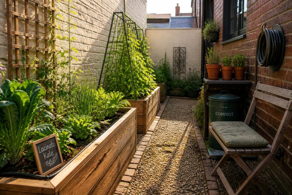 24 Functional Raised Bed Garden Layout Ideas for Small Spaces A narrow gravel path runs between two long wooden raised beds filled with leafy vegetables and climbing plants on black trellises, set against brick walls.