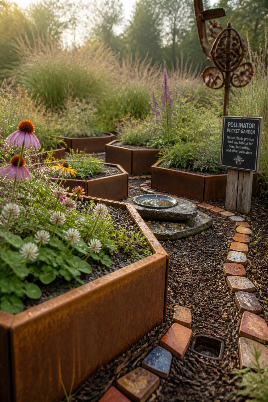 Hexagonal raised metal garden beds arranged with a winding stone path and a small water basin in a landscaped yard.