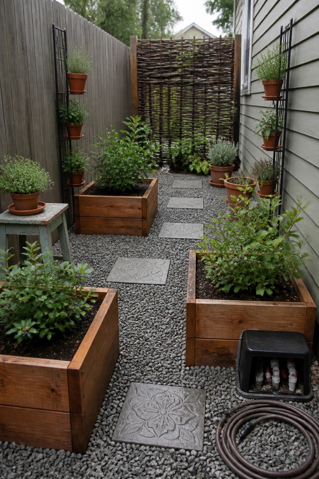 A narrow garden pathway lined with wooden raised beds on both sides, featuring a gravel surface and several decorative concrete stepping stones.
