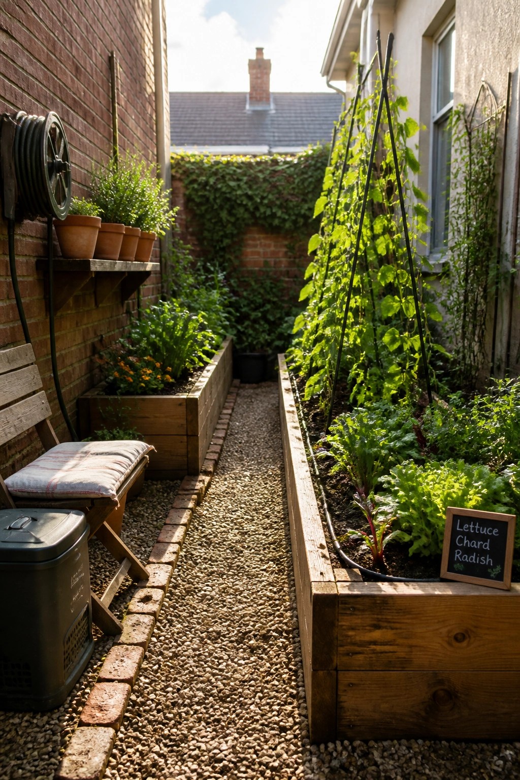 A narrow gravel path runs between two long wooden raised beds filled with leafy vegetables and climbing plants on black trellises, set against brick walls.