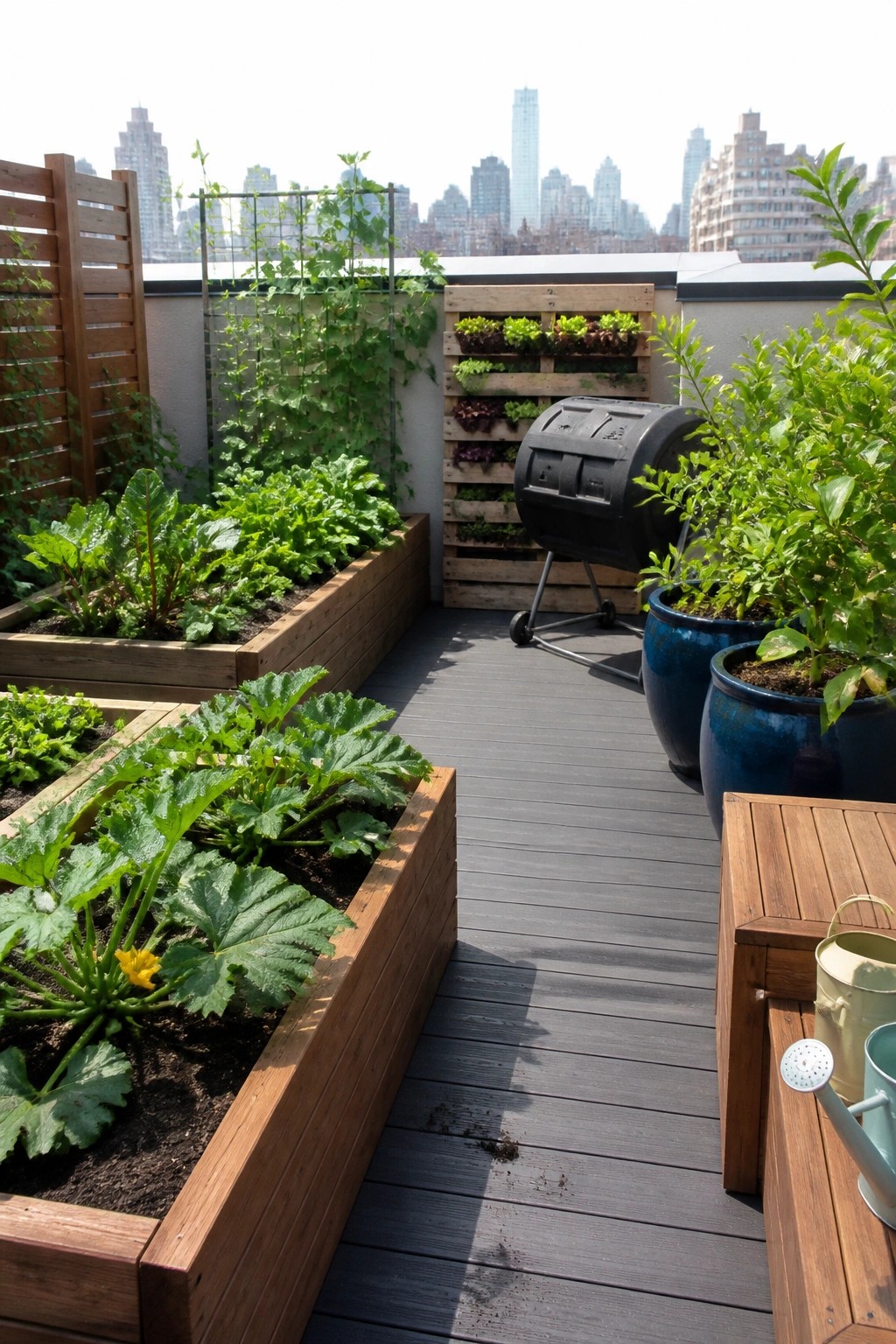 A rooftop deck with long wooden raised beds filled with leafy vegetables and plants, dark decking, and blue ceramic pots near a city skyline.